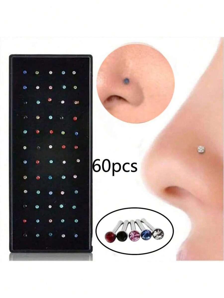 Set de 60 piezas de pendientes de nariz de acero inoxidable con cristales de moda para hombres para uso diario, accesorios de joyería para festivales y banquetes