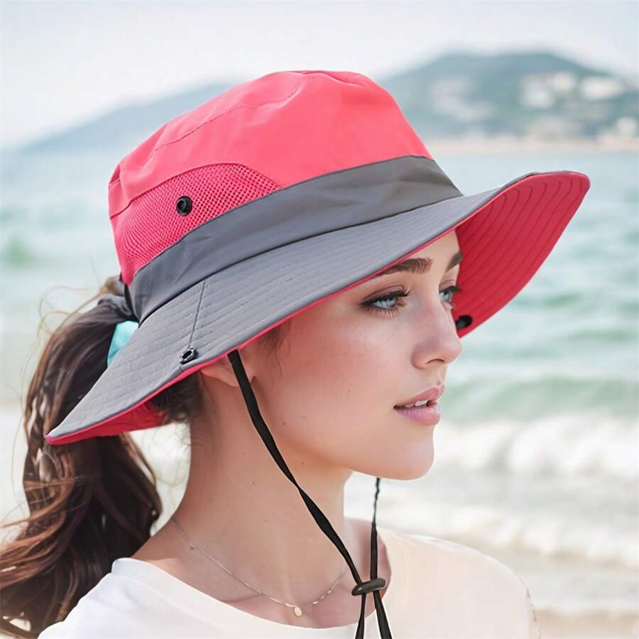 Sombrero de sol bicolor con agujero para cola de caballo para mujeres - Malla transpirable, impermeable, ala ancha adecuado para playa y pesca, opción perfecta para primavera, verano y otoño