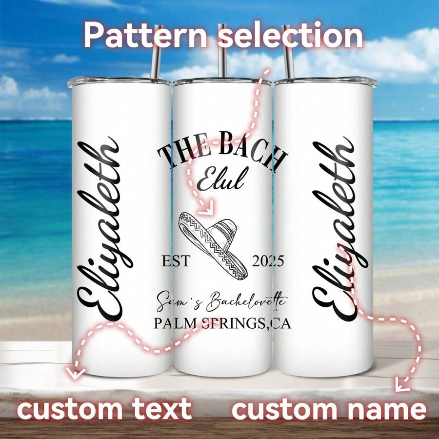 1 Piece Of 20oz Holiday Casual Style Custom Straight Cup, Stainless Steel Cup, Custom Name, Custom Text, Selected Pattern, Comes With Stainless Steel Straw And Straw Brush, Double-Sided Design, Hot And Cold Safety, Double-Layer Insulation, A Perfect Gift For Summer Vacation, Beach Leisure Drinking Cup
