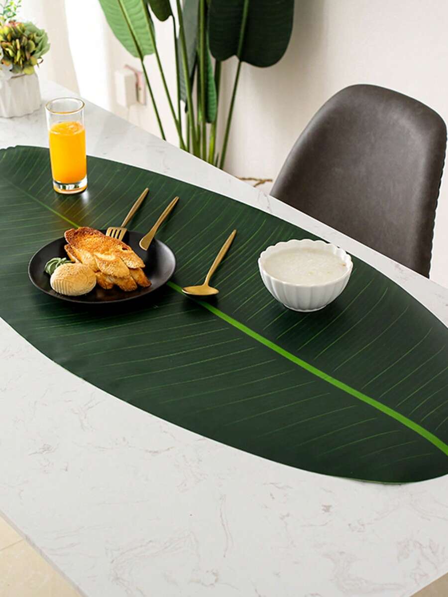 1 pieza Camino de mesa de hoja de plátano verde, adecuado para la decoración de la mesa de comedor de playa en días festivos, mantel impermeable con hojas verdes, tapete para picnic y camping, decoración central de la mesa de comedor, individual antideslizante y con aislamiento térmico, aplicable para decoración de mesa de boda, fiesta, celebración de cumpleaños