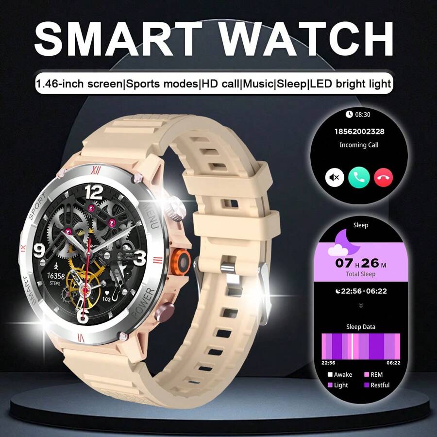 1 Pc Unisex Silicone Smartwatch Band, 1.46" HD Touch Round Screen, Built-In Flashlight, Music Player, Weather Forecast, Bluetooth, Phone Call Function, Fitness Tracker, Suitable For Android And IOS, Suitable For School, Sport, Party And Other Occasions