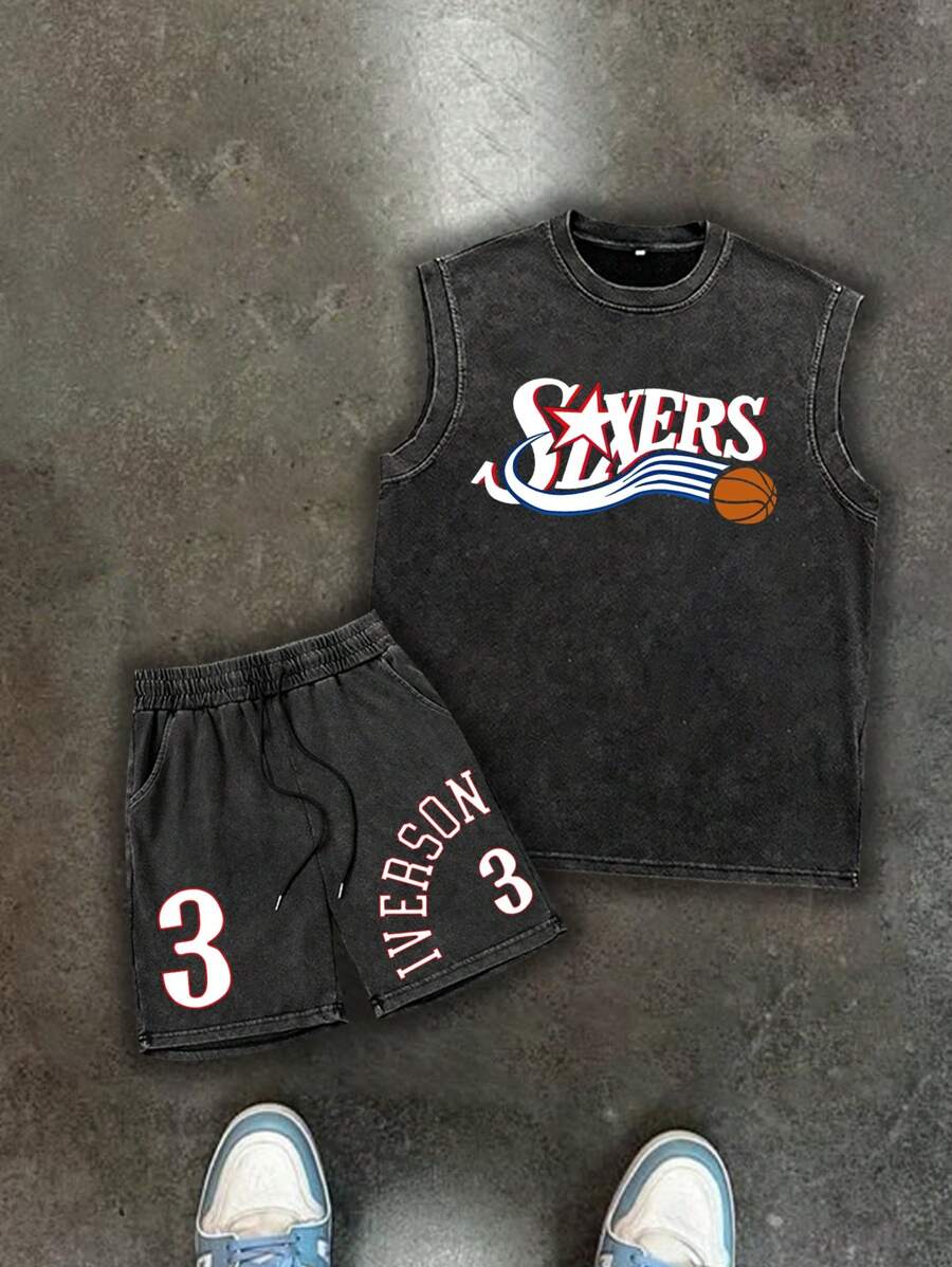 Men's Washed Vintage Basketball Style Tank Top And Shorts Set, "Sports & Outdoor - Basketball Style-Jump From The Free Throw Line"