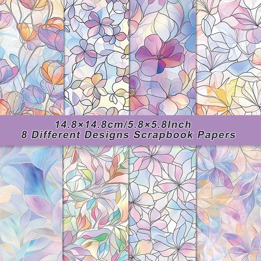 8 fogli di carta per scrapbooking in stile vetro colorato con motivi floreali per fai da te, realizzazione di biglietti, album, planner, confezioni regalo, kit per lavoretti estetici, forniture scolastiche, ritorno a scuola