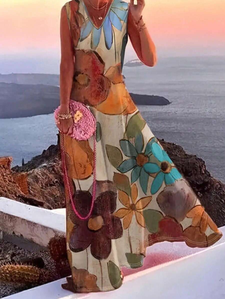 Vestito estivo casual da donna, stile boho, con stampa floreale su tutto il corpo e senza maniche