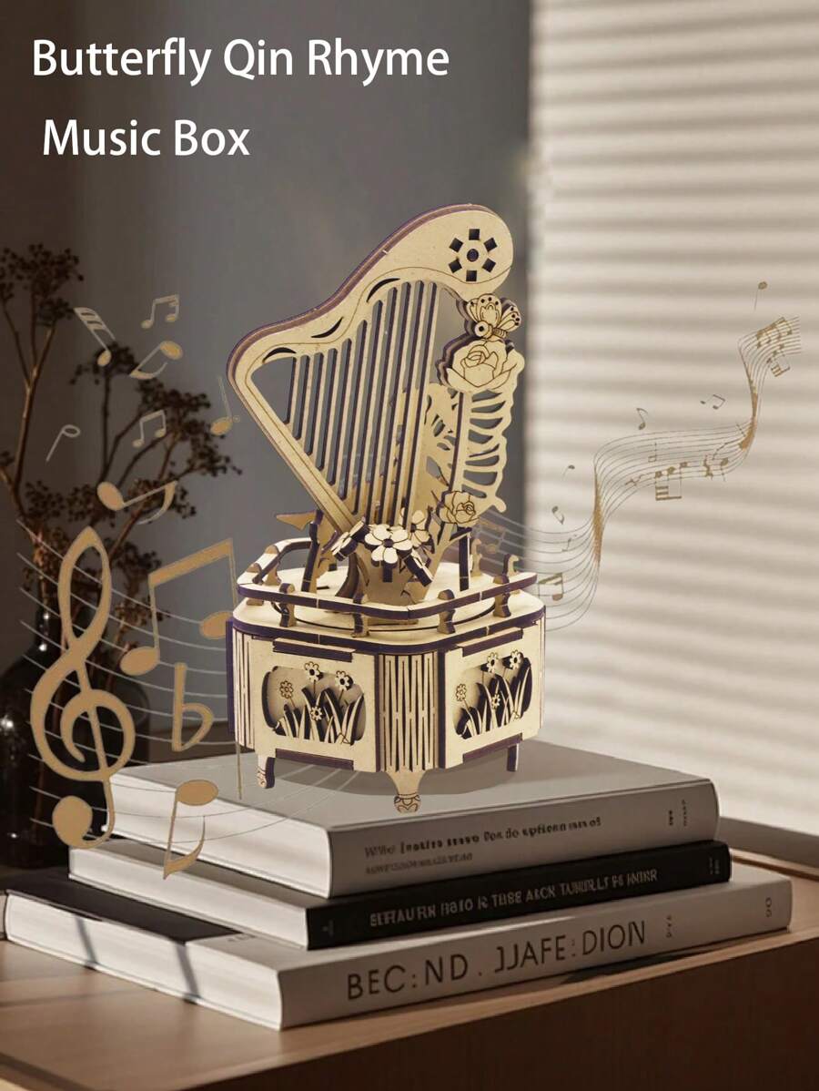 1pc Butterfly Qin Rhyme Music Box - Wooden Decorative Autoplay Musical Box With Harp Design - Multiple SongsVintage-Inspired Gift For Music Lovers, Home Decor, And Collectors,DIY Assembled Handmade,Assembly Building Blocks Model 3D Three-Dimensional Puzzle Room Decoration Stuff,Halloween,Christmas,Birthday Gifts