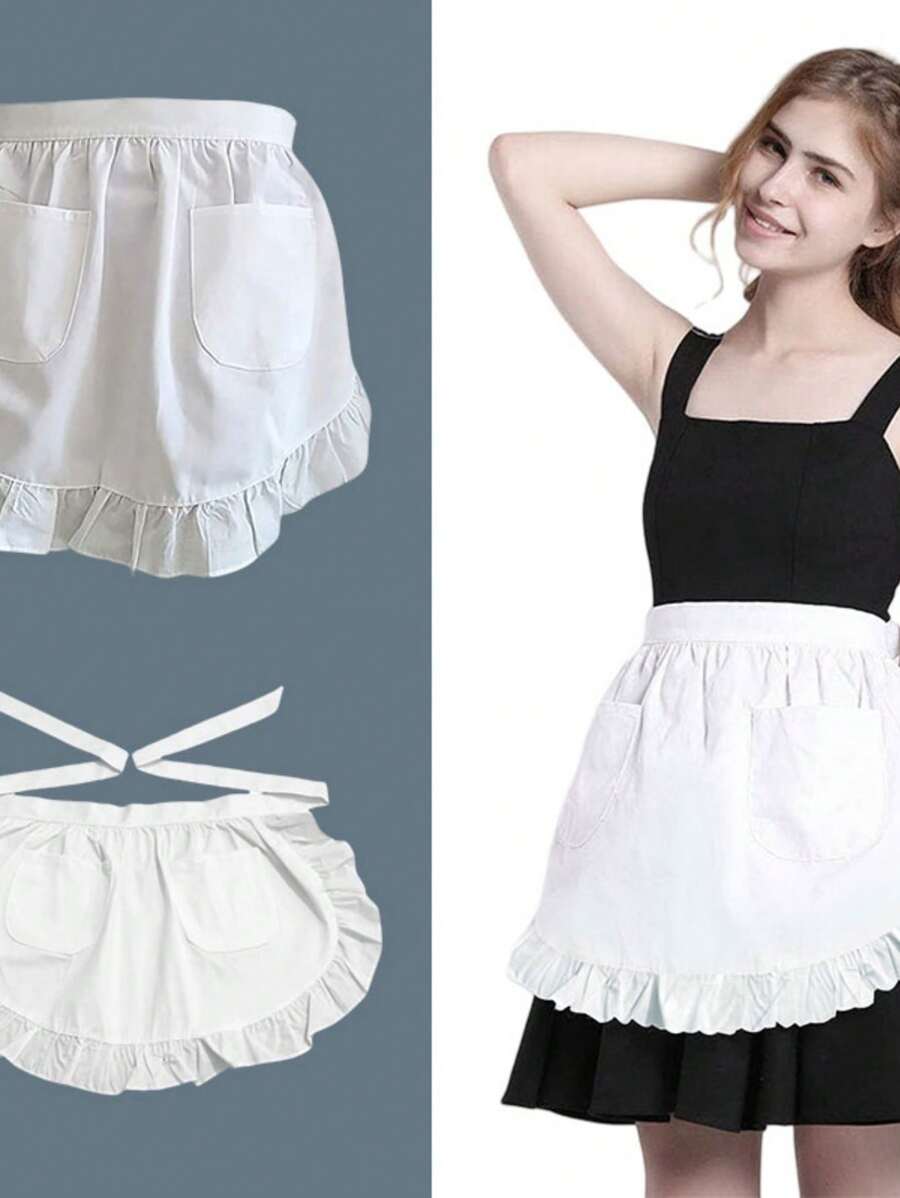 1pc Polyester Princess Style Half Apron, Thickened Cute Waist Tie Pocket Apron, Fashion Household Kitchen Work Wear