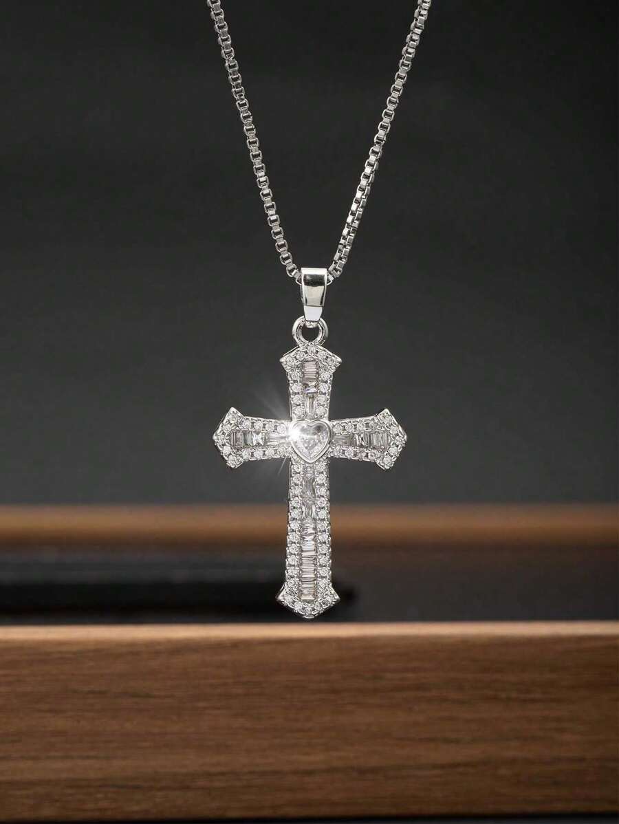 1 Stück vintage-artiges Damenkette mit künstlichem Zirkonia-Kreuzanhänger, christliches Geschenk geeignet für täglichen Gebrauch und zum Verschenken an Freunde