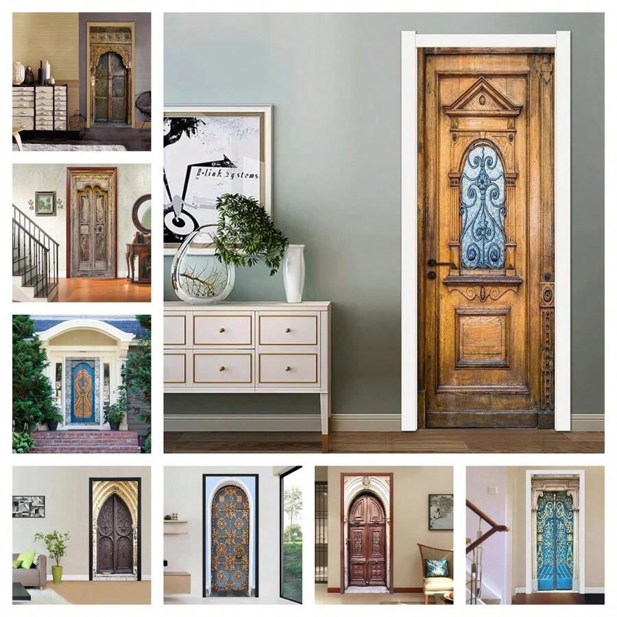 Traditional Style Building Door Stickers Wooden Door Vinyl PVC Waterproof Self-Adhesive Wallpaper Home Decoration Interior Door Stickers Wall Decor Room Decor Personalised Stickers