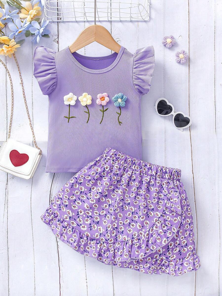 Conjunto de vacaciones para niña: Camiseta azul con estampado floral menudo con decoración floral en 3D + Falda con volantes y estampado floral menudo, estilo dulce para niñas, apropiado para actividades al aire libre y sesiones de fotos, talla 4-7 años, primavera/verano