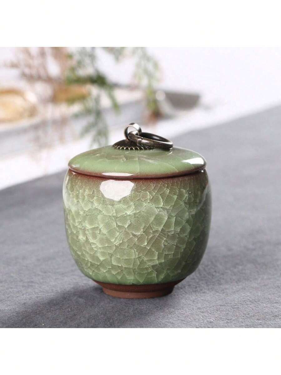 1pc Small Size Ceramic Crackle Glaze Purple Clay Mini Tea Canister, Air-Tight Seal Small Green Spice Jar, Plaster Storage Canister For Coffee Beans Back To School
