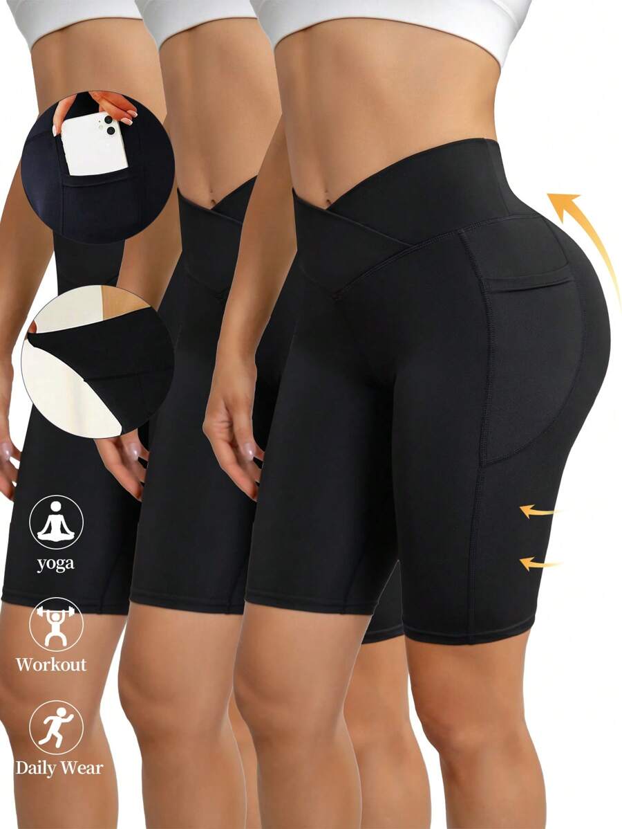 3 piezas Pantalones cortos de yoga de cintura alta con bolsillos, tela transpirable, pantalones cortos deportivos de compresión con efecto levantamiento de glúteos para mujeres - Ropa deportiva de estilo deportivo para gimnasio
