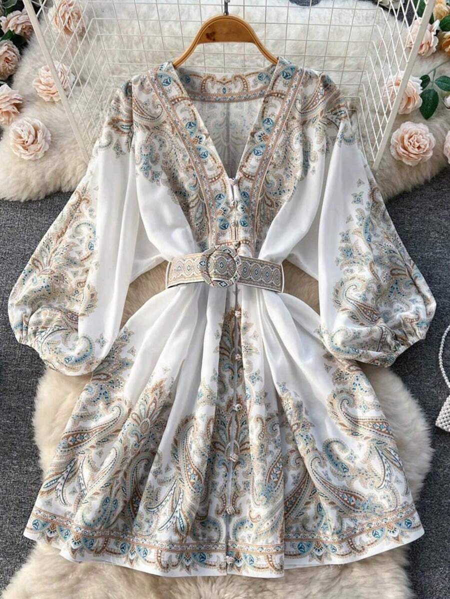 Women's Short Long Sleeve Dress Fashionable V-Neck Boho Printed Hem Decorated Button Dress, Spring And Summer, Resort Wear, Short Skirt