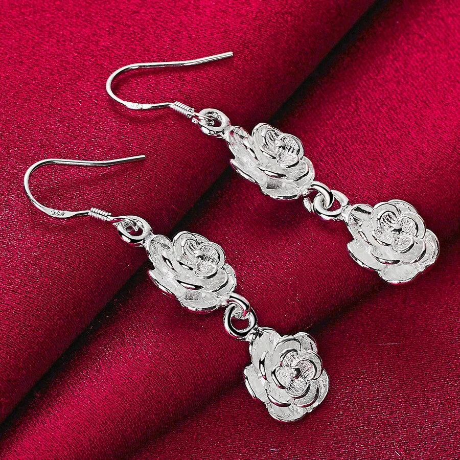 Charmante silberfarbene Rose Blumen Ohrhänger für Frauen, Hochzeit, Verlobung, Mode Party, Charm Schmuck