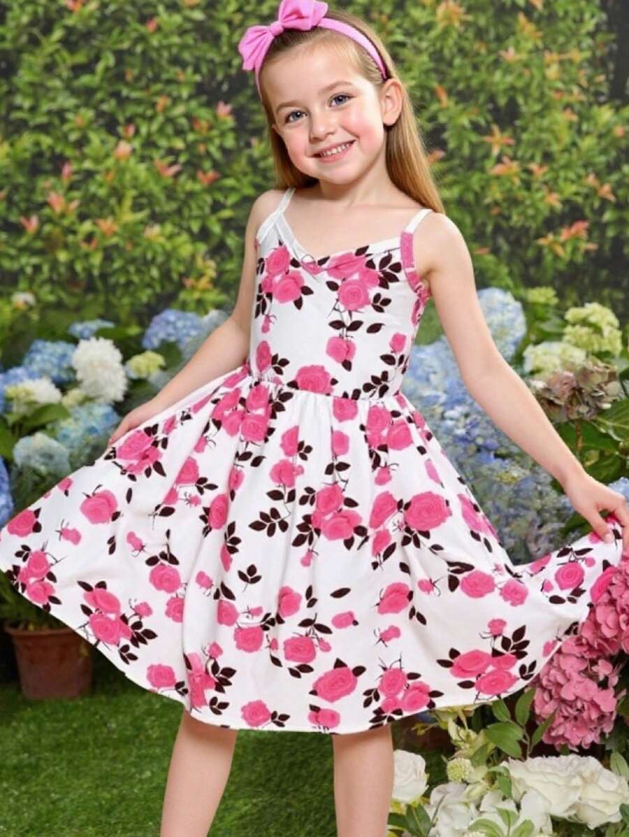 Seven Princess Nouvelle robe d'été décontractée et confortable pour jeunes filles, avec motif floral Ditsy, bretelles spaghetti et taille à cordon. Robe de plage fleurie Ditsy pour les vacances
