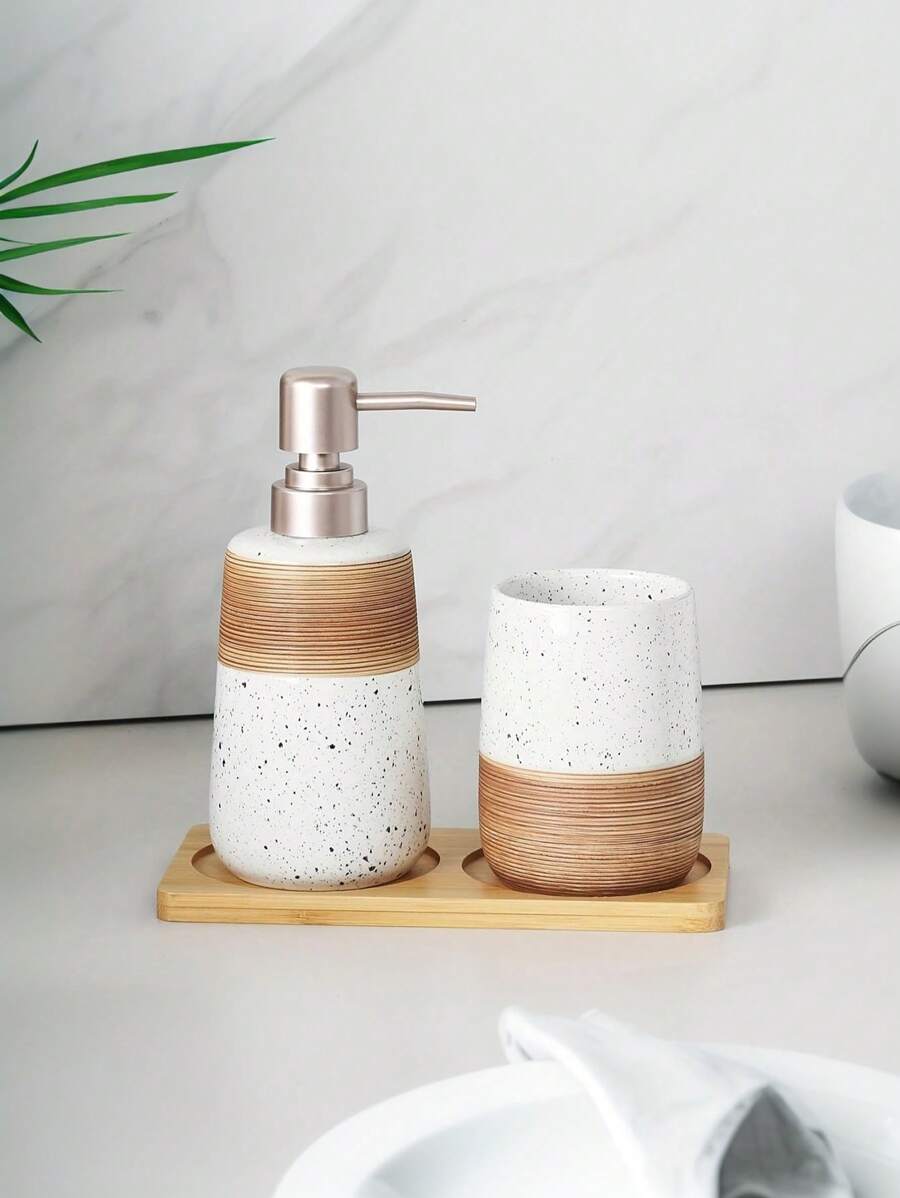 3 PiecesGlazed Ceramic Bathroom Set | Toothbrush Cup, Soap Dispenser & Natural Wood Tray | Hygienic Counter Organizer For Modern Farmhouse (Easy Clean, Gift Ready) Back To School