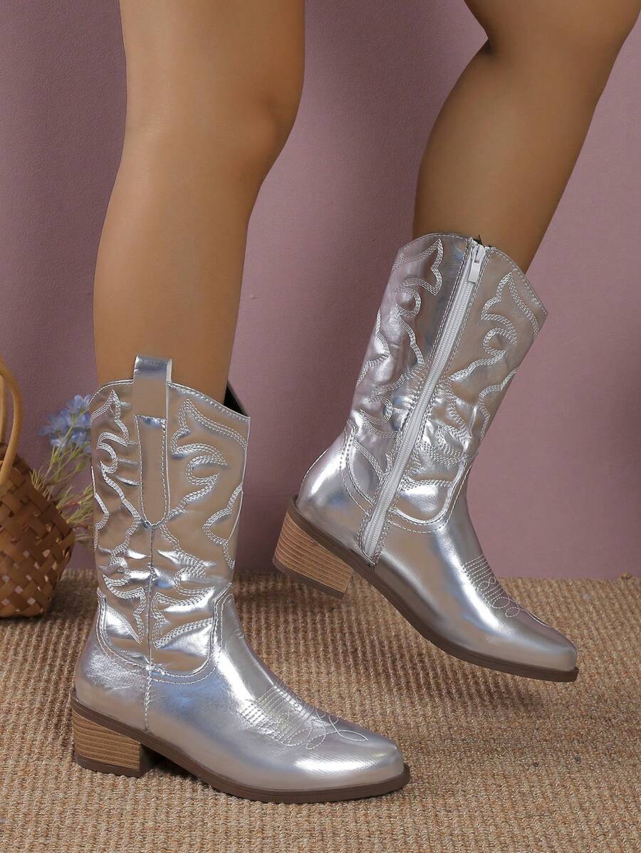 Women's Vintage American Style Embroidered Leather Pointed-Toe Silver Western Boots With Side Zipper For Easy On/Off, Embroidered Cool Fashion High Shaft Boots, High Chunky Heel Riding Boots, Fashionable Punk Chelsea Boots