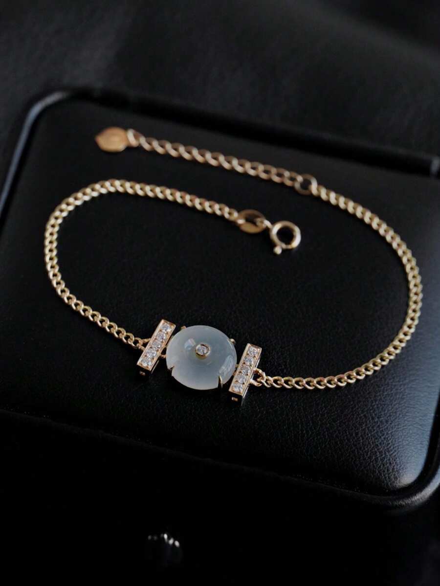 1pc Fashionable 925 Sterling Silver INS Style Safety Buckle With Artificial Jade Elegant Women's Bracelet, Suitable For Ladies' Daily Wear, Holiday & Party Gift, Jewelry