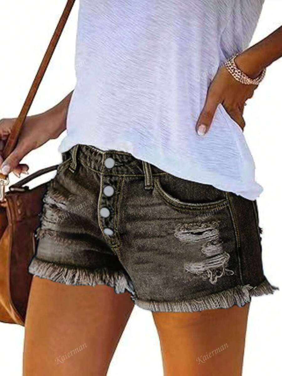 Women's Button Front Pocket Distressed Raw Hem Casual Denim Shorts