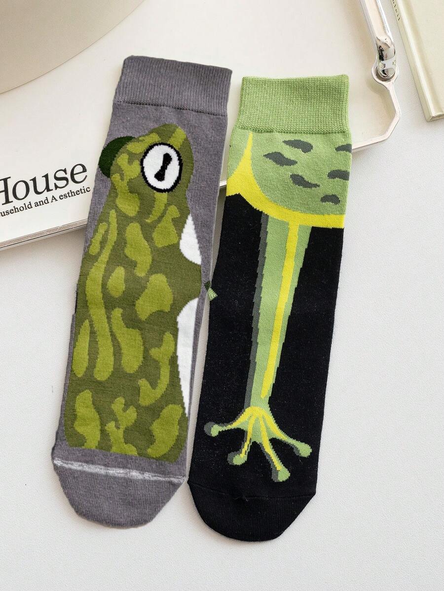 1/2 Pairs Men Breathable Moisture-Wicking Casual Funky Cartoon Frog Print Mid-Calf Socks, Versatile