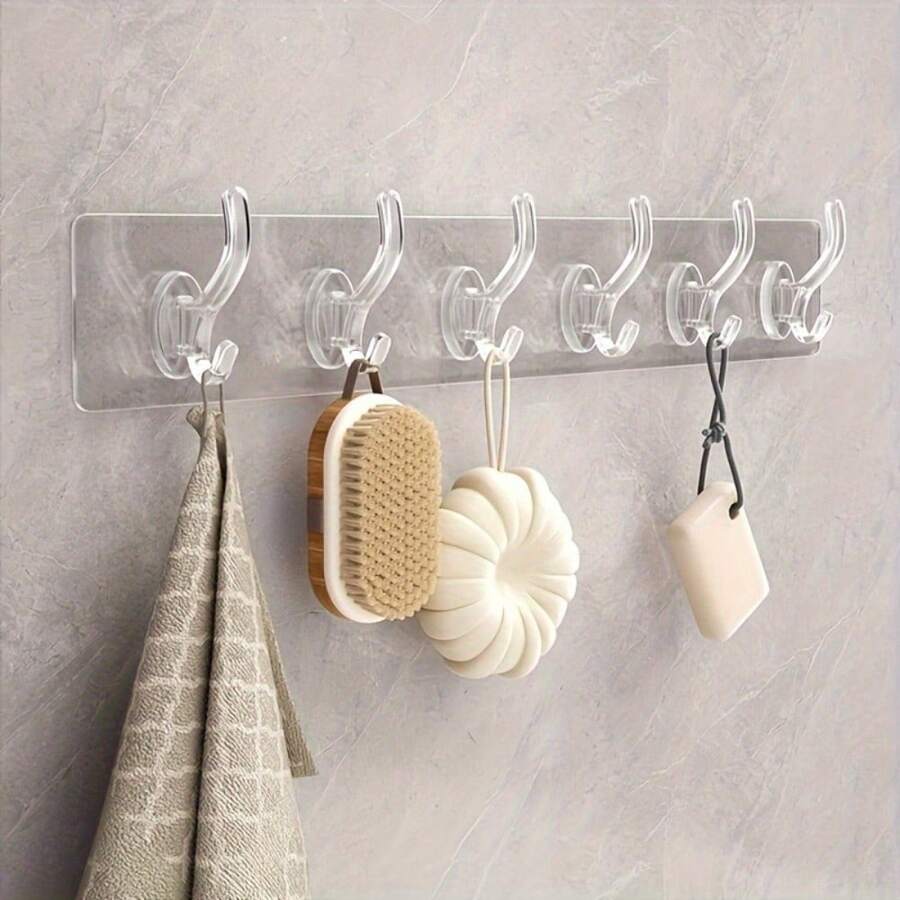 1pc 6-Row Transparent Adhesive Hook Set - Simple Wall Hooks Without Drilling, Suitable For Clothes, Hats, Towels And Accessories - Perfect Space-Saving Storage Solution For Bathroom, Closet And Bedroom