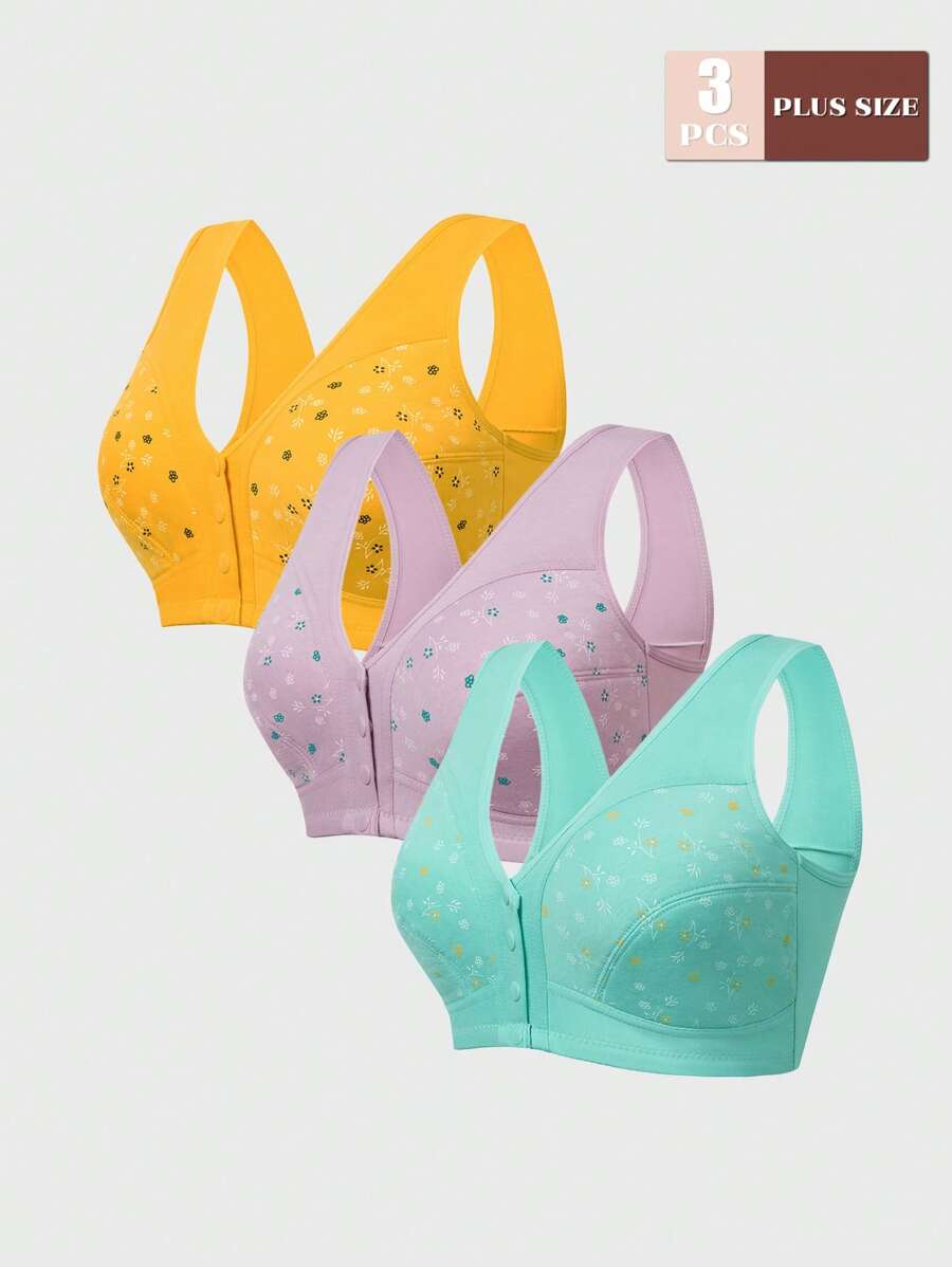 Set de 3 piezas Sujetador sin aros de talla grande con estampado floral y cierre delantero para mujeres, con tirantes anchos y suaves, lencería transpirable