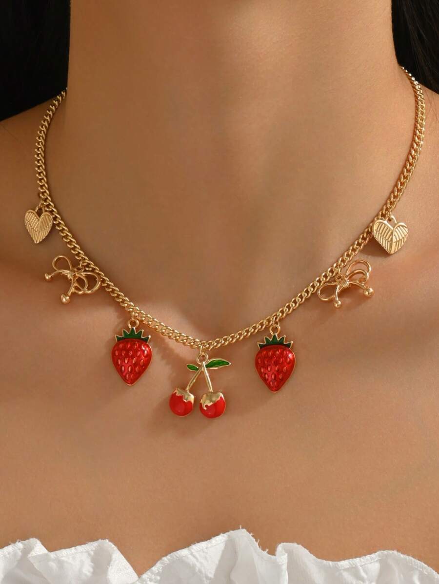 1 Peça Colar de Jóias com Tema de Festa de Frutas de Verão Elegante e Fofo, Cereja Pintada a Ouro DIY Mini, Pimenta Vermelha com Strass, Morango, Decoração de Laço, Adequado para Festa Sexy, Férias, Uso Diário, Presente de Feriado, Designado para Mulheres Charmosas e Personalizadas