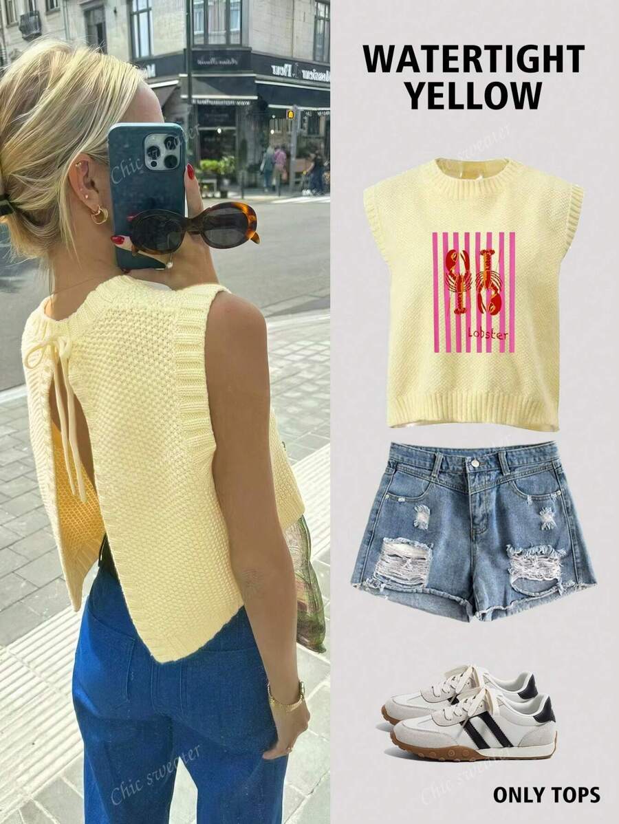 Robe femme avec imprimé homard de Boston, col rond, style ras-du-cou, couleur jaune beurre, nouvelle collection printemps-été. Simple et élégante, convient pour la remise des diplômes, les 4 juillet, les déplacements et les sorties d'été