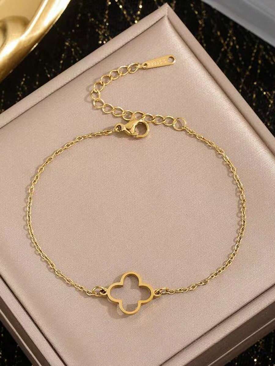 1pc Minimalist Hollow Four Leaf Flower Stainless Steel Bracelet, Suitable For Women's Daily Wear Or As A Gift For Mother On Holidays