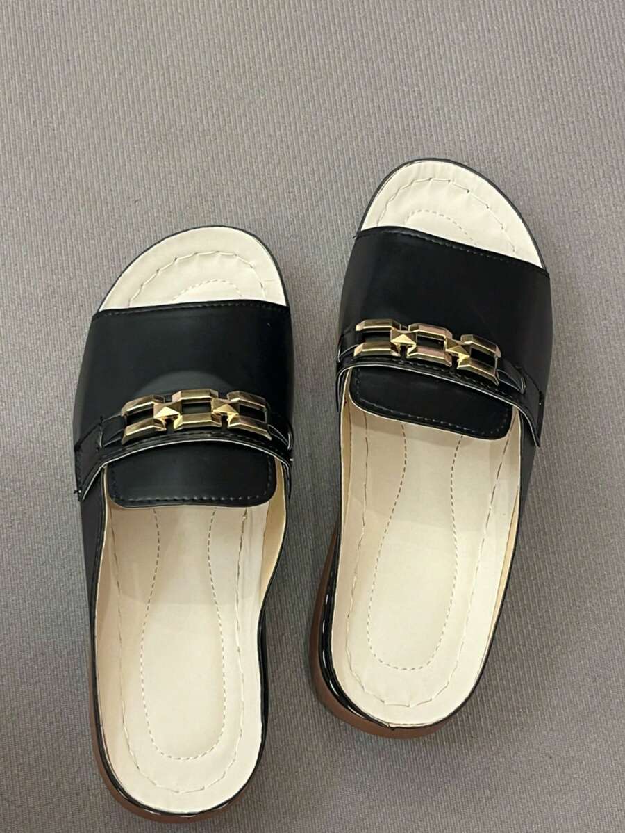 Summer Fashion Preppy Casual Elegant Metal Chain Detail Slide Sandals, Convenient And Cool For Going Out