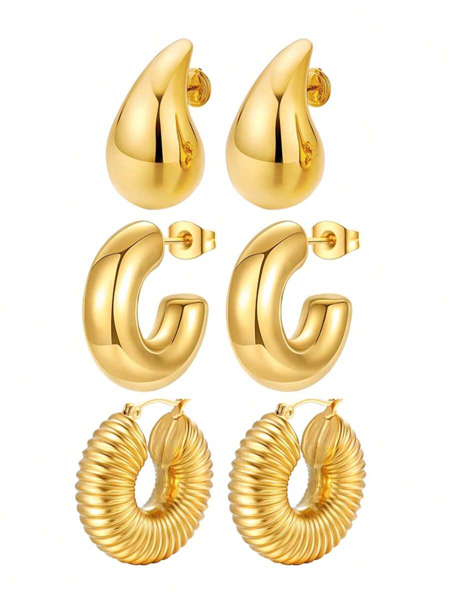 3pairs Luxury Stainless Steel Exaggerated Water Drop Stud Earrings Set, Suitable For Wear And Gift Giving