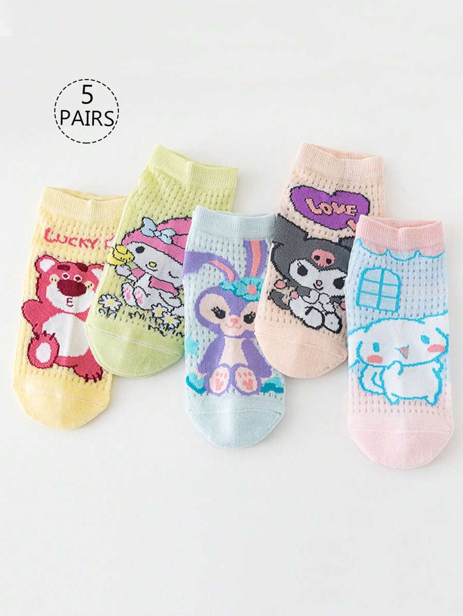 Disney 5 Pairs Girls/Kids/Baby Kuromi, Rabbit, Mesh, Pink/Green/Blue/White/Purple Multi-Color Heart, Bow, Flower, Letter Print Casual Sports Style Socks, Suitable For Spring/Summer, Thin, For School And Casual Wear