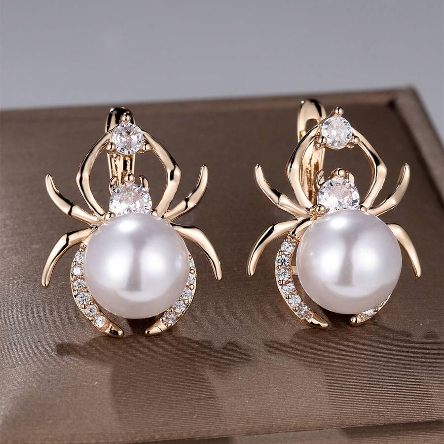 1 par de exquisitos pendientes dorados de araña con circonita cúbica blanca y perla falsa, un regalo de joyería para mujeres y niñas, regalo de cumpleaños
