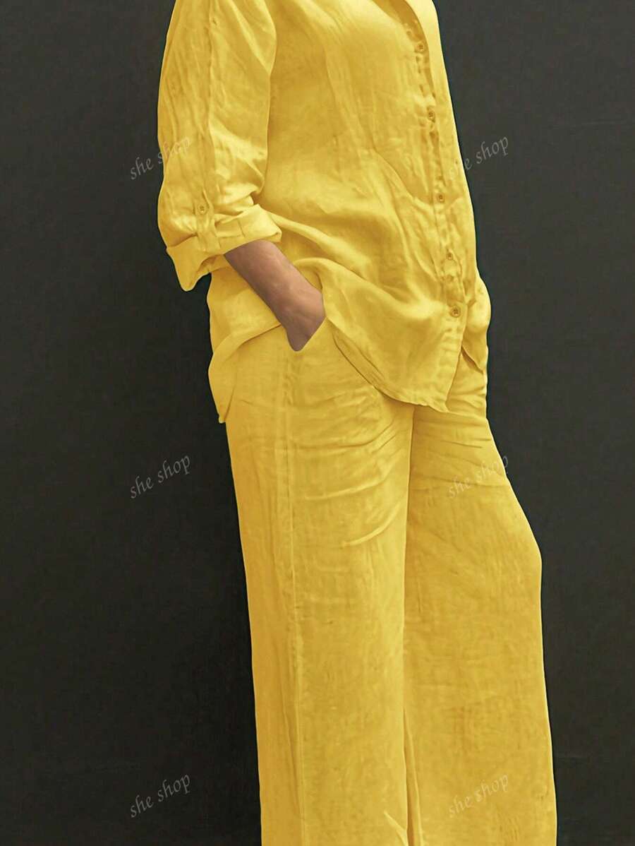 Casual Polo Collar Cardigan & Wide Leg Pants Set, Elegant, Versatile, Slimming, Solid Color Chic Shirt Top, Soft Fabric, Comfortable For Beach Vacation, Daily/Office Commute, Loose Waist Pants, 2 Pieces Outfit