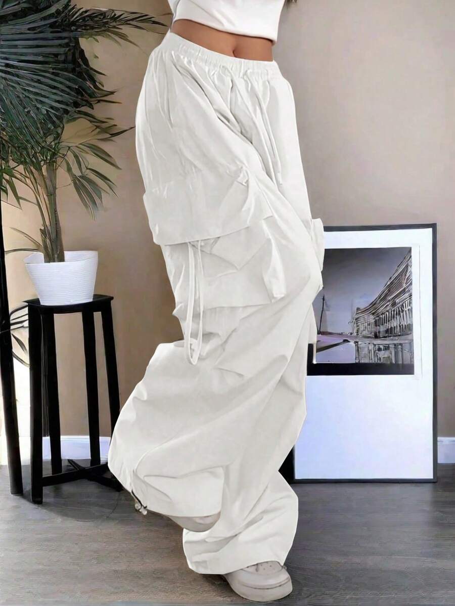 Street High Waist Flap Pocket Drawstring Waist Elastic Hem Ruched Casual Wear Wide Leg Parachute Cargo Pans Y2K Music Festival
