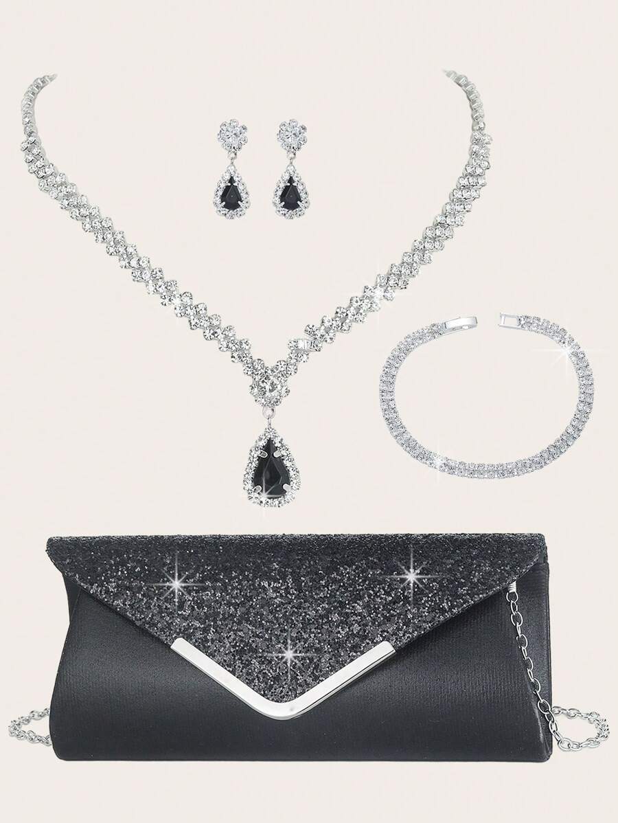 4 Luxury Wedding Bridal Evening Dress Handbag Set, With Sparkling Rhinestone Necklace Bracelet Earrings Women's Jewelry Set, Suitable For Parties, Weddings, Proms, Dinners/Banquets, Matching With Wedding Dresses, Formal Dresses, Prom Dresses, Birthday Dresses, Party Dresses