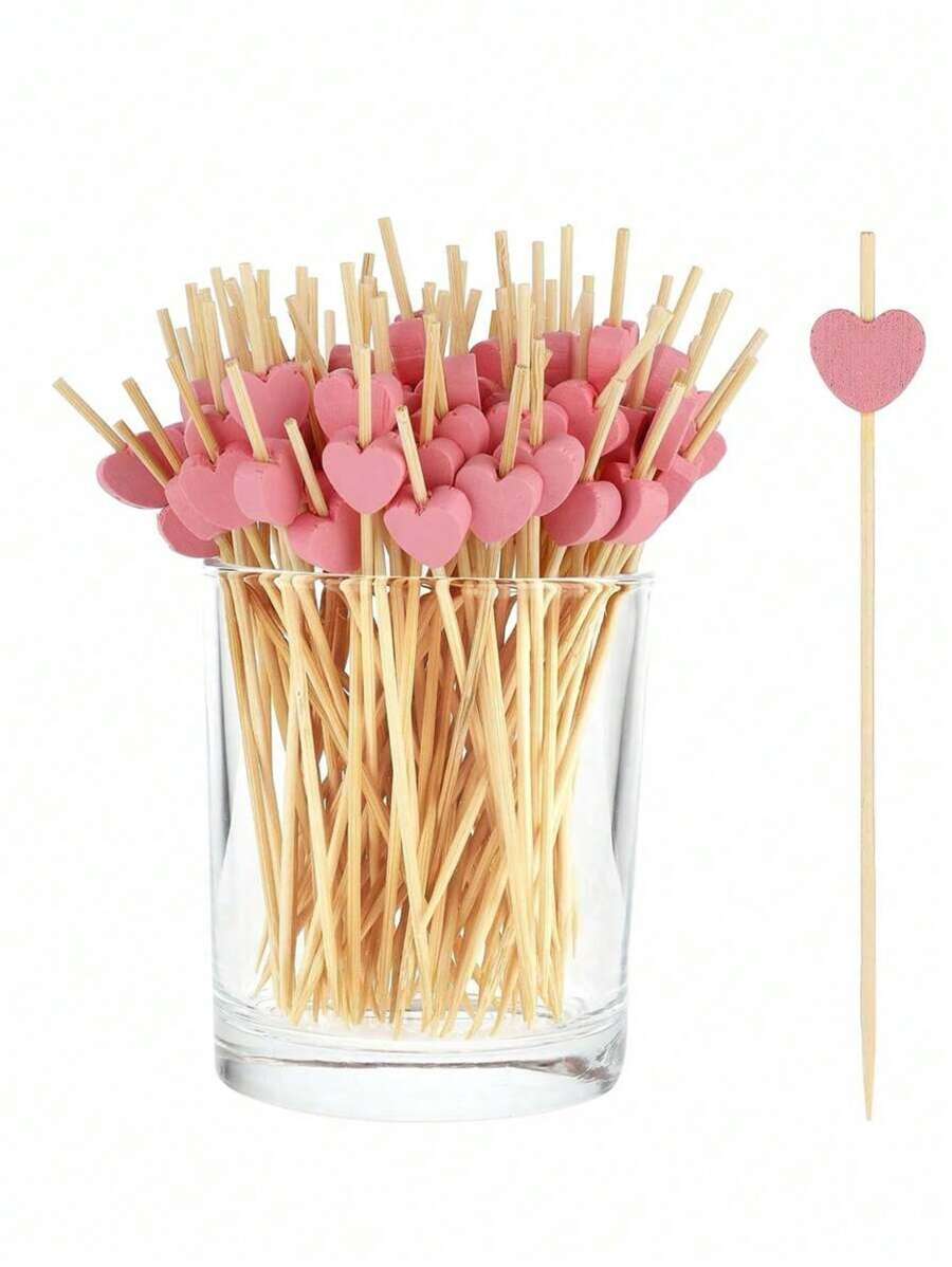 100 pezzi Stecchi per frutta a forma di cuore, Stuzzicadenti a forma di cuore, Spiedini per cocktail in bambù lunghi per decorazioni di festa di nascità, feste di compleanno, gender reveal, decorazioni per la casa, matrimoni, San Valentino, Festa della Mamma, laurea