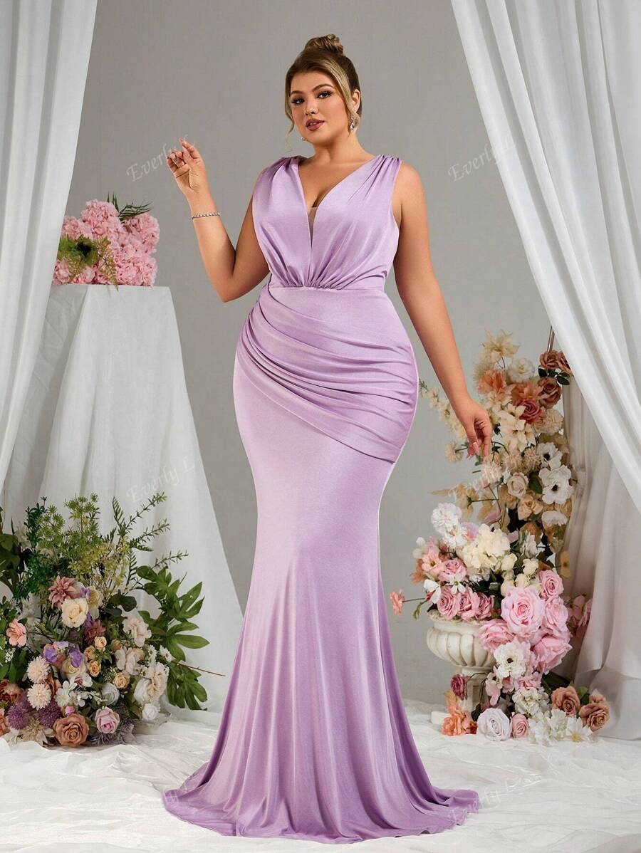 Abito da damigella d'onore Everly L elegante per primavera ed estate, con collo a V profondo, schiena scoperta, orlo a sirena in maglia elasticizzata, adatto per feste, balli, ospiti di matrimoni, cene