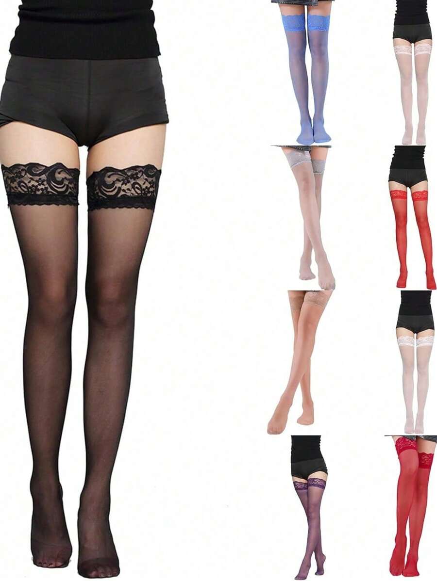 Collant alti sopra il ginocchio per donna taglie forti, calze autoreggenti in pizzo per cosce, calze a rete per donna