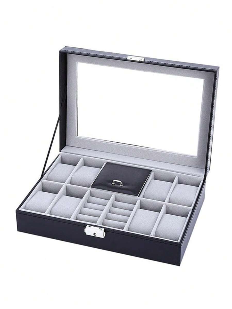 1pc Multifunctional Desktop Watch Storage Box For Men Women Mechanical Watch Organizer, Black Watch Case, Dustproof, Waterproof, Scratchproof, Suitable For Collecting And Displaying Watches, Rings, Earrings, Necklaces, Bracelets And Other Jewelry Back To School