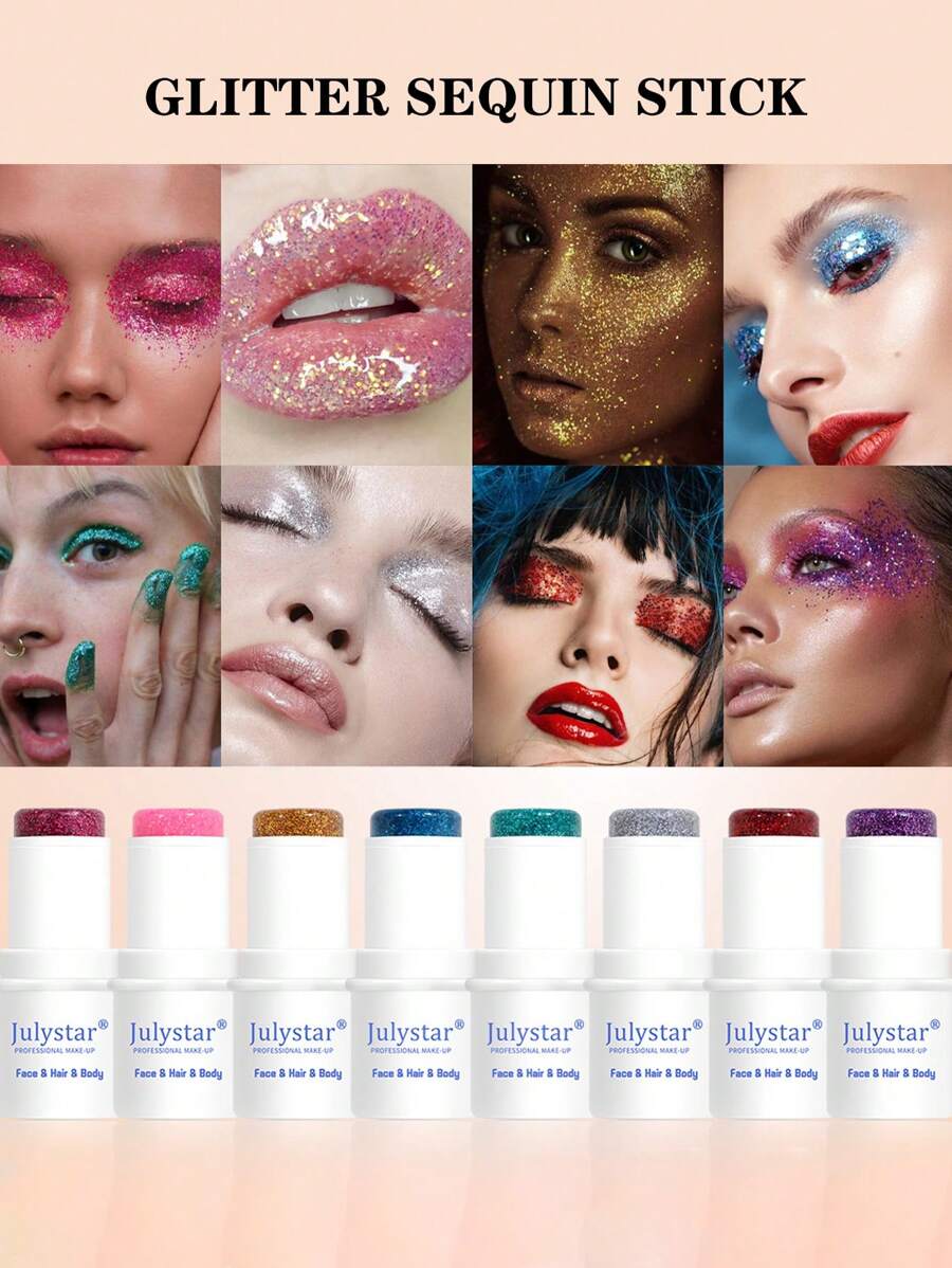 8 Color Stage Makeup Face Glitter Eyeshadow, Highly Pigmented Sparkling Body Highlighter Stick. Once Set, The High-Intensity Eyeshadow Can Maintain Its Original State For Hours Without Creasing Or Fading. Waterproof And Sweat-Proof, Lasting All Day Long. The Compact And Lightweight Packaging Design Is Convenient For Carrying And Traveling. Suitable For Music Festival Accessories, Stage Performances, Carnivals, Theme Parties, Birthday Parties, Holiday Events, Cosplay, Halloween Makeup, Christmas Makeup, Or Other Glitter Needs.