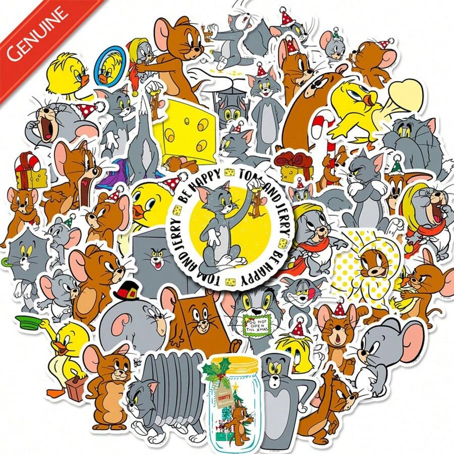 WB 50PCS Tom & Jerry Officially Licensed Tom Jerry Anime Collection Stickers Waterproof Not Easy To Wrinkle Water Cup Phone Skateboard Refrigerator Decoration Christmas Halloween Easter Gifts For Friends
