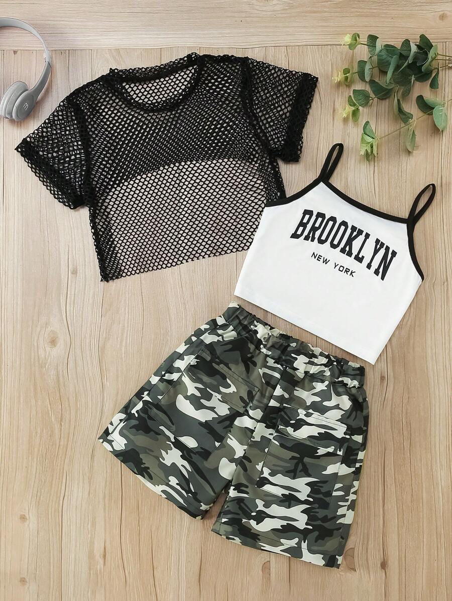 3 Peças/Conjunto Jaqueta de Tule para Meninas + Camiseta Regata com Estampa de Letra + Shorts Esportivos de Camuflagem, Conjunto de Verão