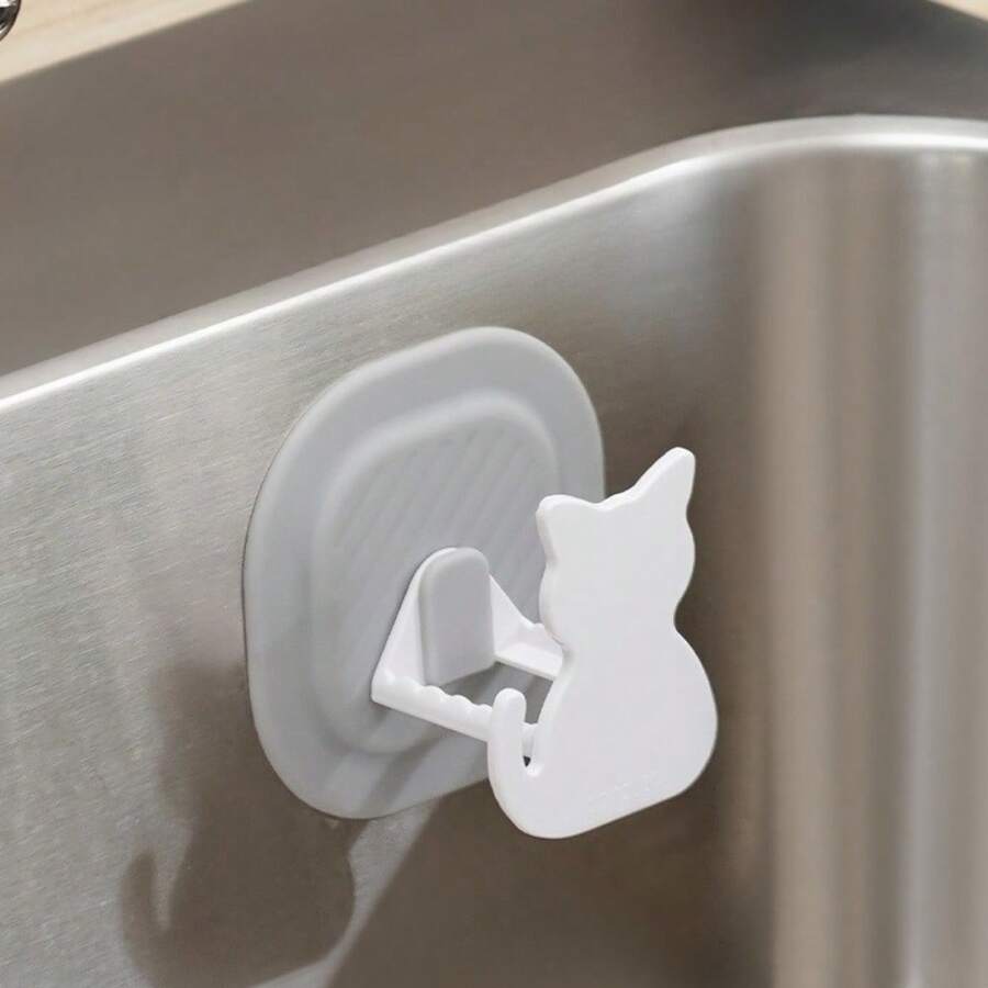 1pc Cat-Shaped Sponge Holder With Wall Mount, Easy Install, Casual Style, Plastic Material, Kitchen And Bathroom Sponge And Brush Organizer, Utility Hooks