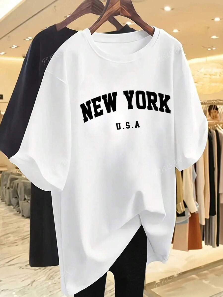 Letter Print Round Neck Casual Loose Fit Short Sleeve T-Shirt Top, Knitted Fabric, Women
