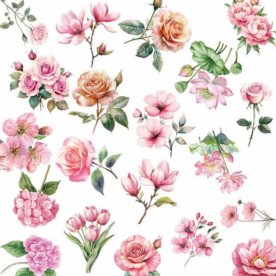 50Pcs Floral Stickers Transparent Stickers Aesthetic Stickers Pink Stickers Plant Stickers Vinyl Waterproof Stickers Aesthetic Laptop Sticker Pack Skateboard Stickers Water Bottle Stickers Notebook Stickers