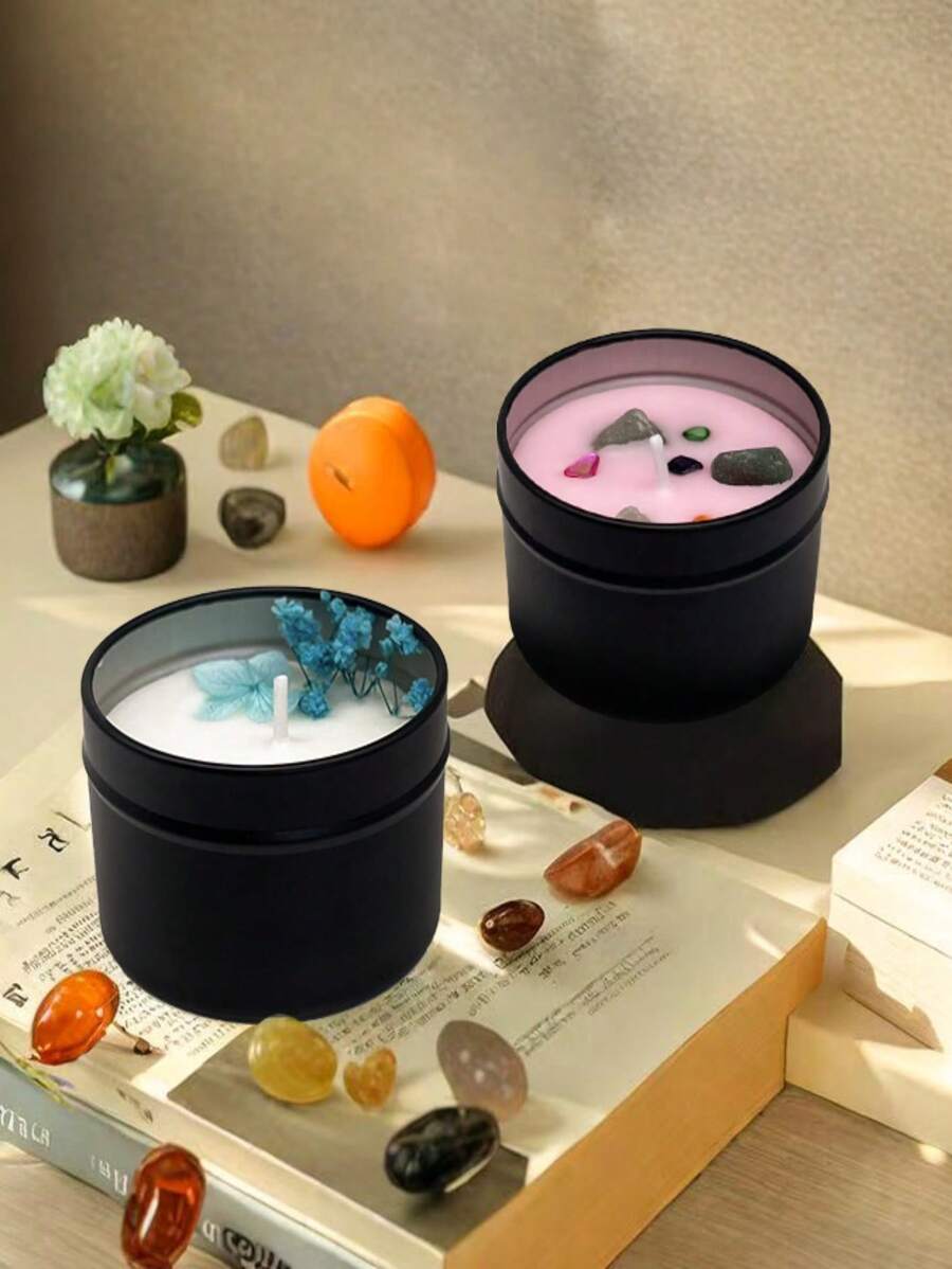 1pc High-End Black Metal Tin Scented Candle, Dried Flowers & Crystal Decor, Natural Soy Wax, Home Decoration, Suitable As Gift For Friend, Holiday, Birthday, Eid Al-Adha, Mother's Day, Father's Day