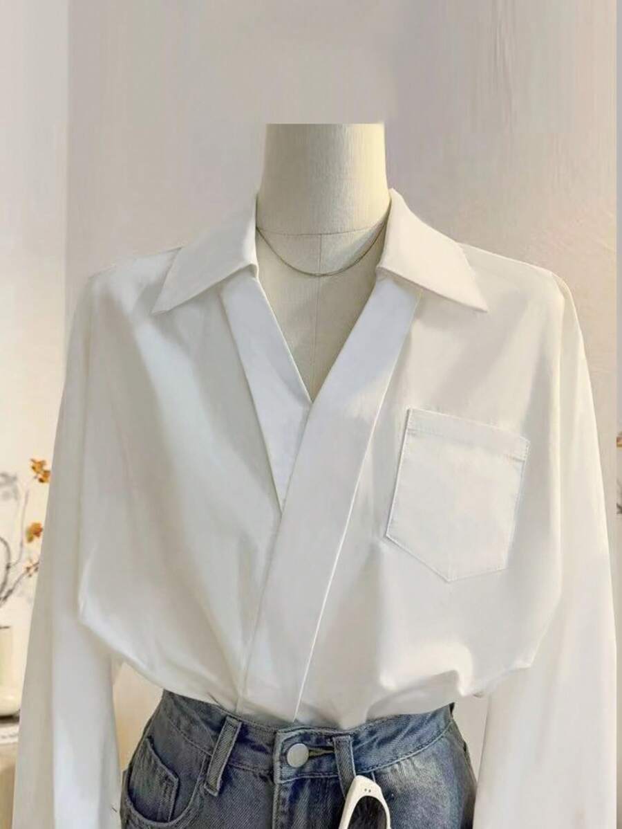 Stylish V-Neck White Long Sleeve Blouse For Women, Korean Oversized Casual Office Wear Top
