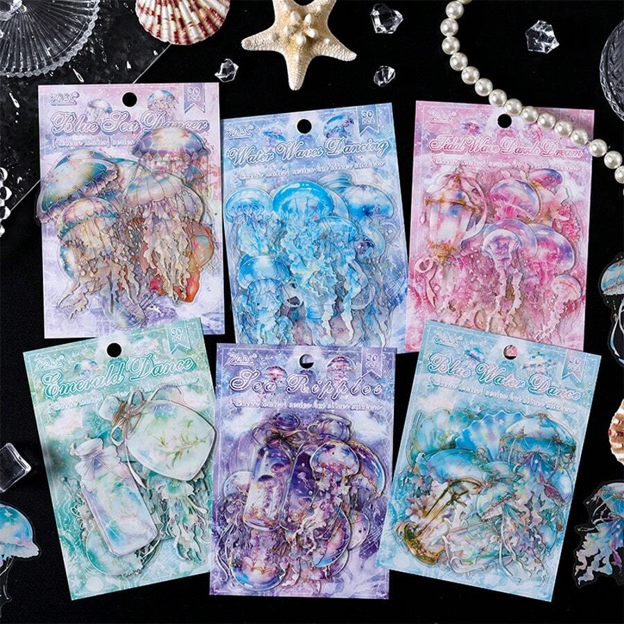 30pcs/Pack Ocean Waltz Jellyfish Scrapbooking Stickers, Premium Diary/Planner Sticker Sheets