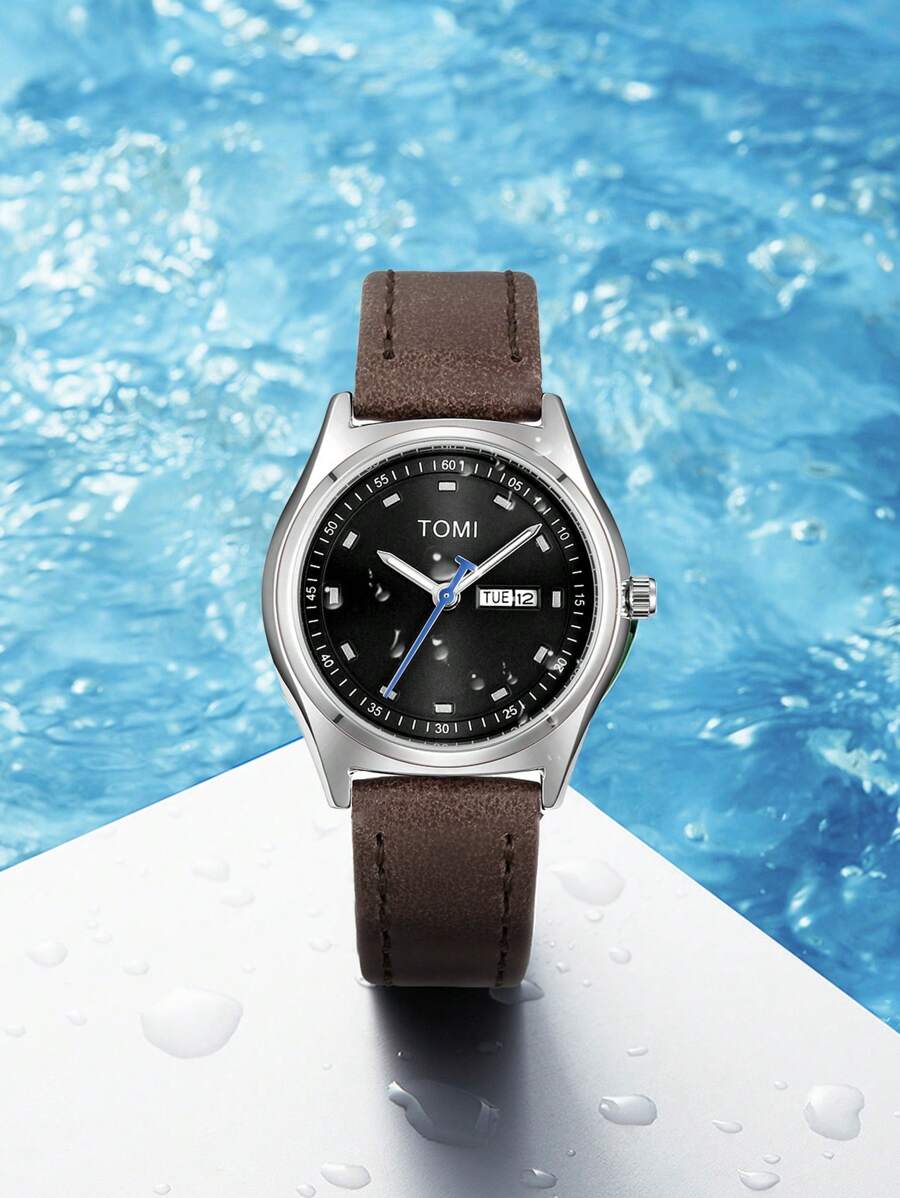 TOMI TOMI 1pc Universal Quartz Leather Watch With Dual Calendar, Elegant & Compact Design, Suitable For Daily Wear & Gift
