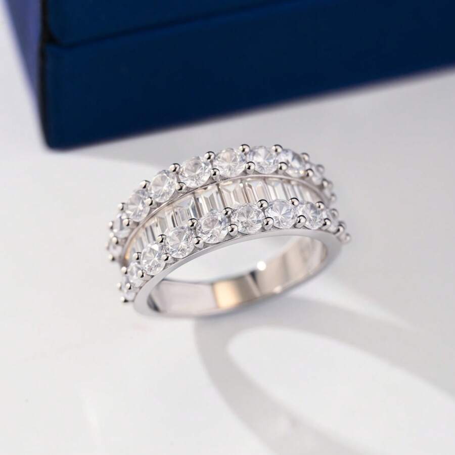925 Sterling Silver Fine Single Ring For Women CZ Cubic Zirconia 3 Row Wide Wedding Bands For Her Fine Jewelry Gifts
